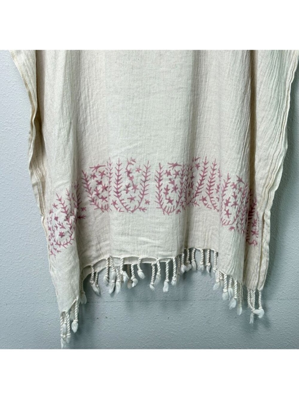 Buldano Poncho Tunic Top Beach Cover Up One Size Cream Pink Tassels Linen Cotton - Picture 2 of 12